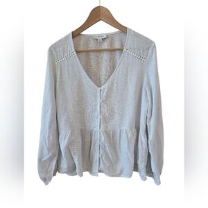 Calligraphie Blouse Sz M Linen Blend Women's Light Gray V-Neck Long Sleeve